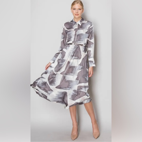 MELLODAY Dresses & Skirts - EUC Abstract Print Long Sleeve Belted Shirtdress Size Small